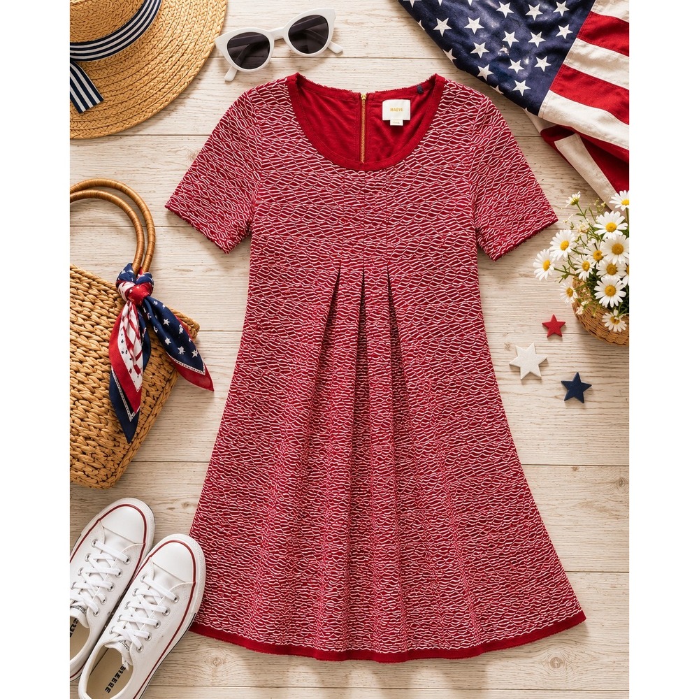 Anthropologie Maeve Dora Dress Small Red White Textured Knit Shift